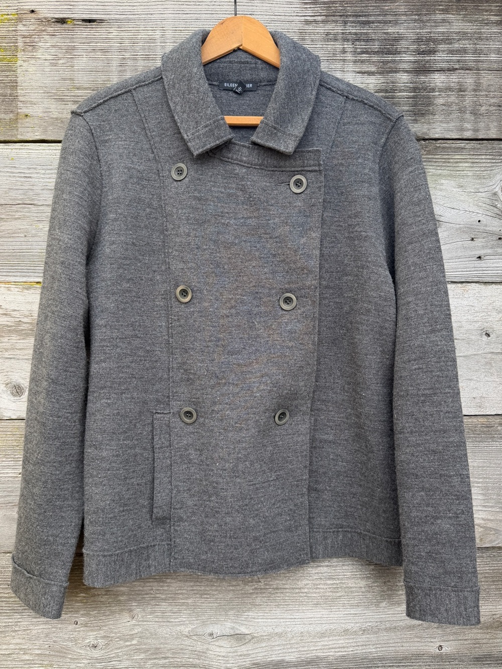 Eileen Fisher Gray Double-Breasted Merino Wool Blend Jacket
